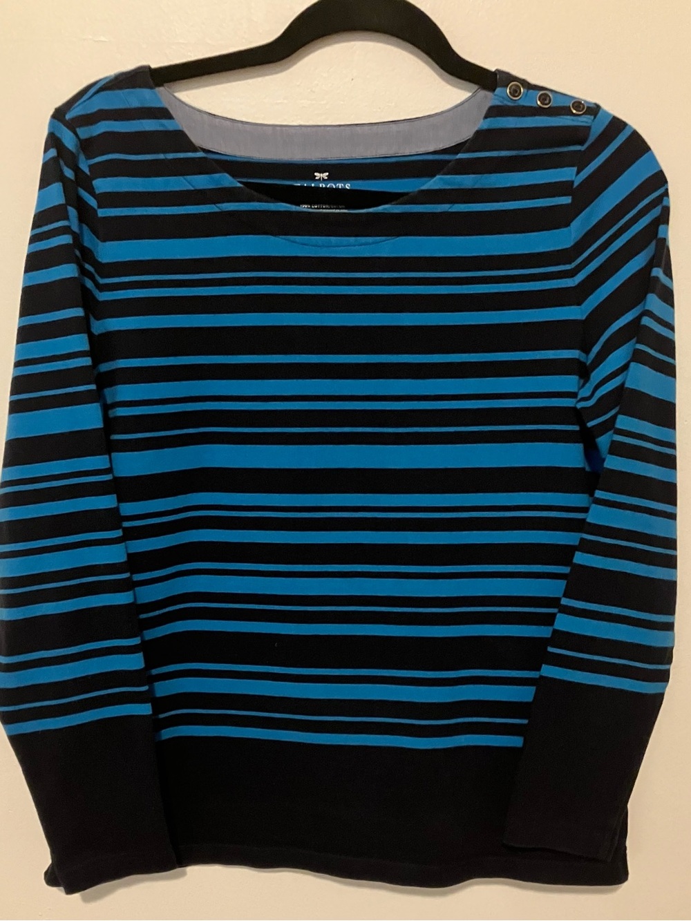 Talbots Black & Blue Striped Boatneck Sweater with Shoulder Buttons
